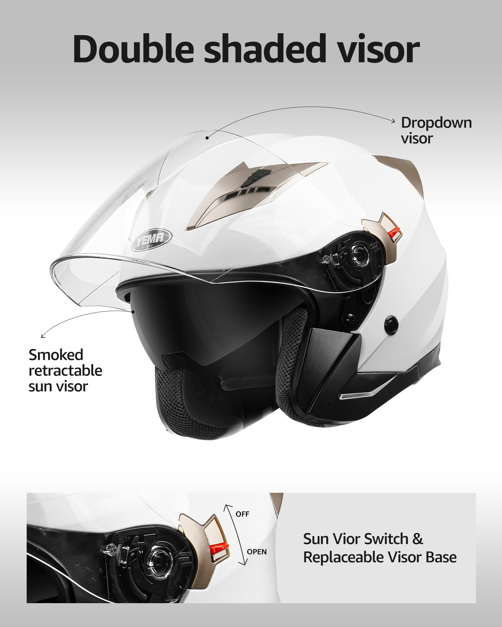 Yema Open Face Motorcycle Helmets, Dot Approved 3/4 Moped Helmet Dual Visor Quick Release Buckle, Helmets For Adults Motorcycle